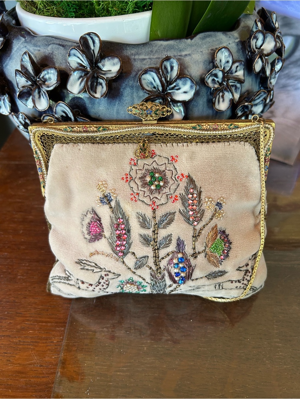 Rare 1930  French Velvet Beaded Mesh Bag